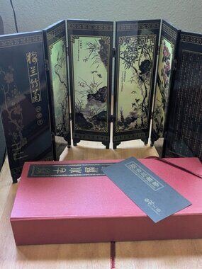 Miniature 6-Panel Folding Table Screen "Four Gentlemen" Reversible w/ Box